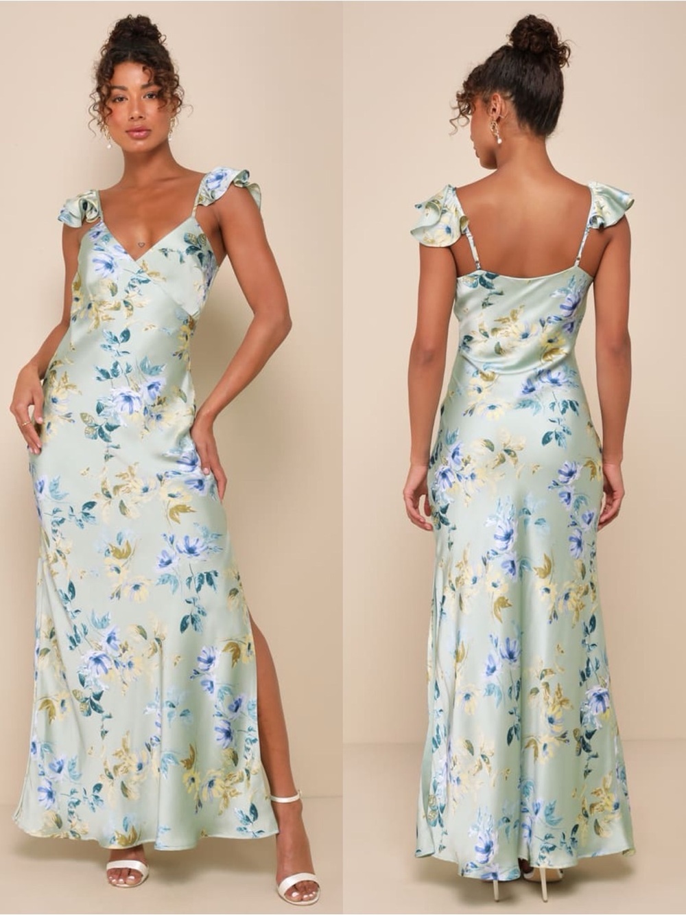 LULU'S Captivating Grace Sage Green Floral Satin Ruffled Maxi
Dress